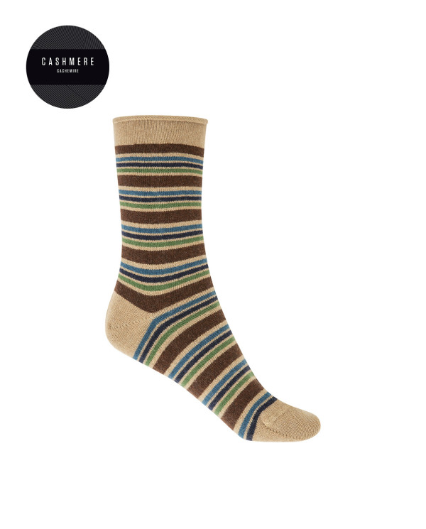 Chaussettes cachemire/laine - rayées - revers roulé Couleur Beige - 1