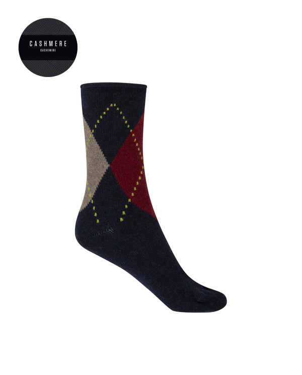 Cashmere/wool socks - rhombuses - roulé cuff Color Navy - 1