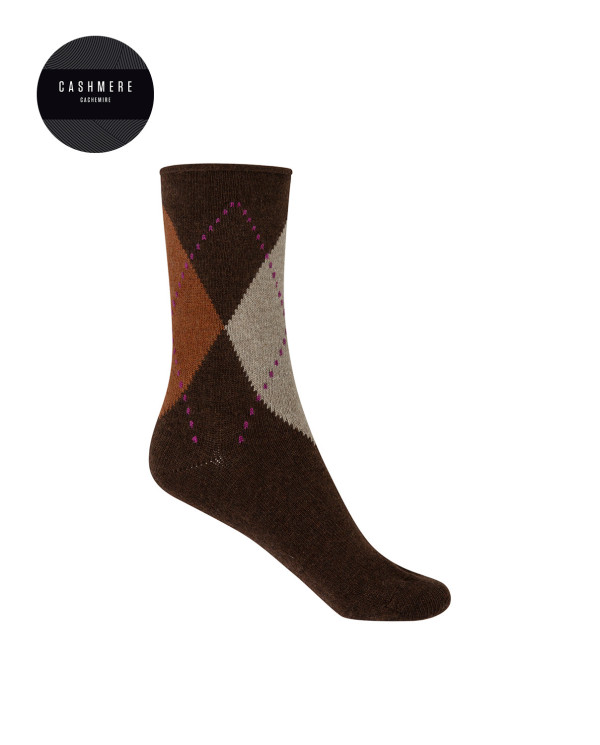 Cashmere/wool socks - rhombuses - roulé cuff Color Brown - 1