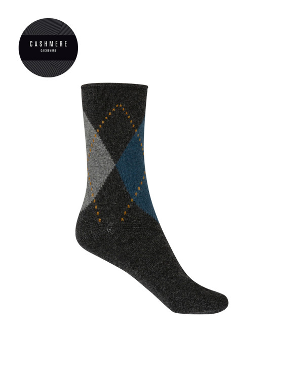 Cashmere/wool socks - rhombuses - roulé cuff Color Grey - 1