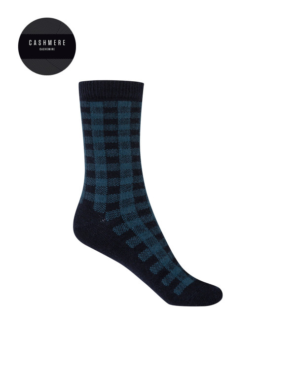 Cashmere/wool socks - plaid Color Navy - 1