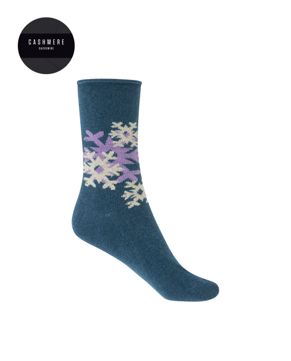 Cashmere/wool socks - snow flowers - roulé cuff Color Blue - 1