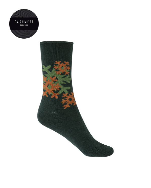 Cashmere/wool socks - snow flowers - roulé cuff Color Green - 1