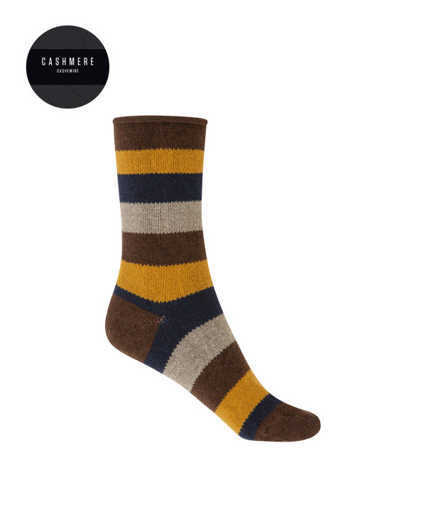 Cashmere/wool socks - stripes - roulé cuff Color Brown - 1