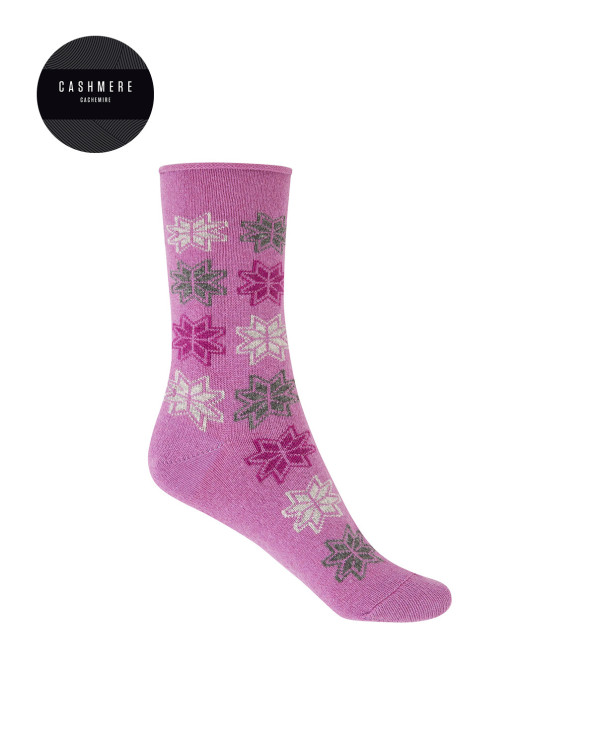 Cashmere/wool socks - snow flowers - roulé cuff Color Violet - 1