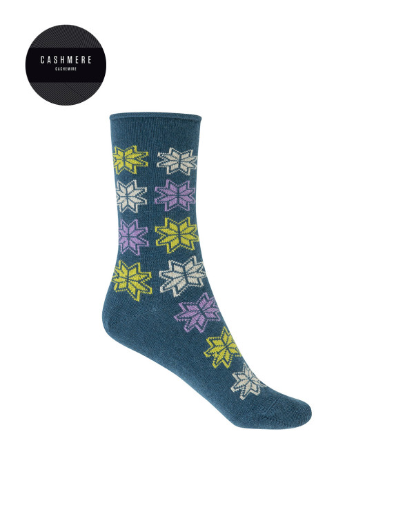 Chaussettes cachemire/laine - fleurs des neiges-revers roulé Couleur Bleu - 1