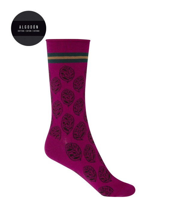 Chaussettes en coton - feuilles Couleur Fuchsia - 1