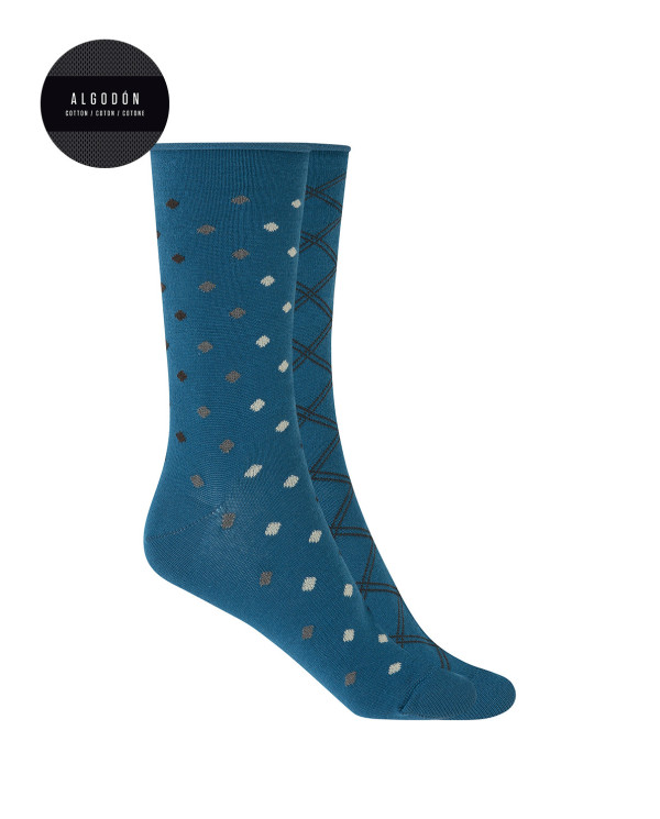 Lot de 2 paires chaussettes en coton fantaisie revers roulé Couleur Bleu - 1