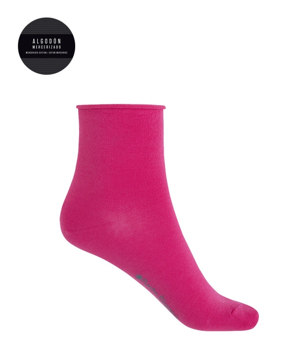 Plain mercerized cotton socks with rolled cuffs Color Fuchsia - 1